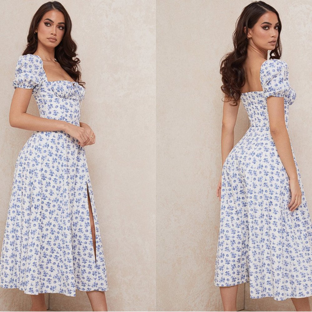 House of CB ‘Tallulah’ Blue & White Floral Puff Sleeve Bustier Dress NWOT - Picture 6 of 13
